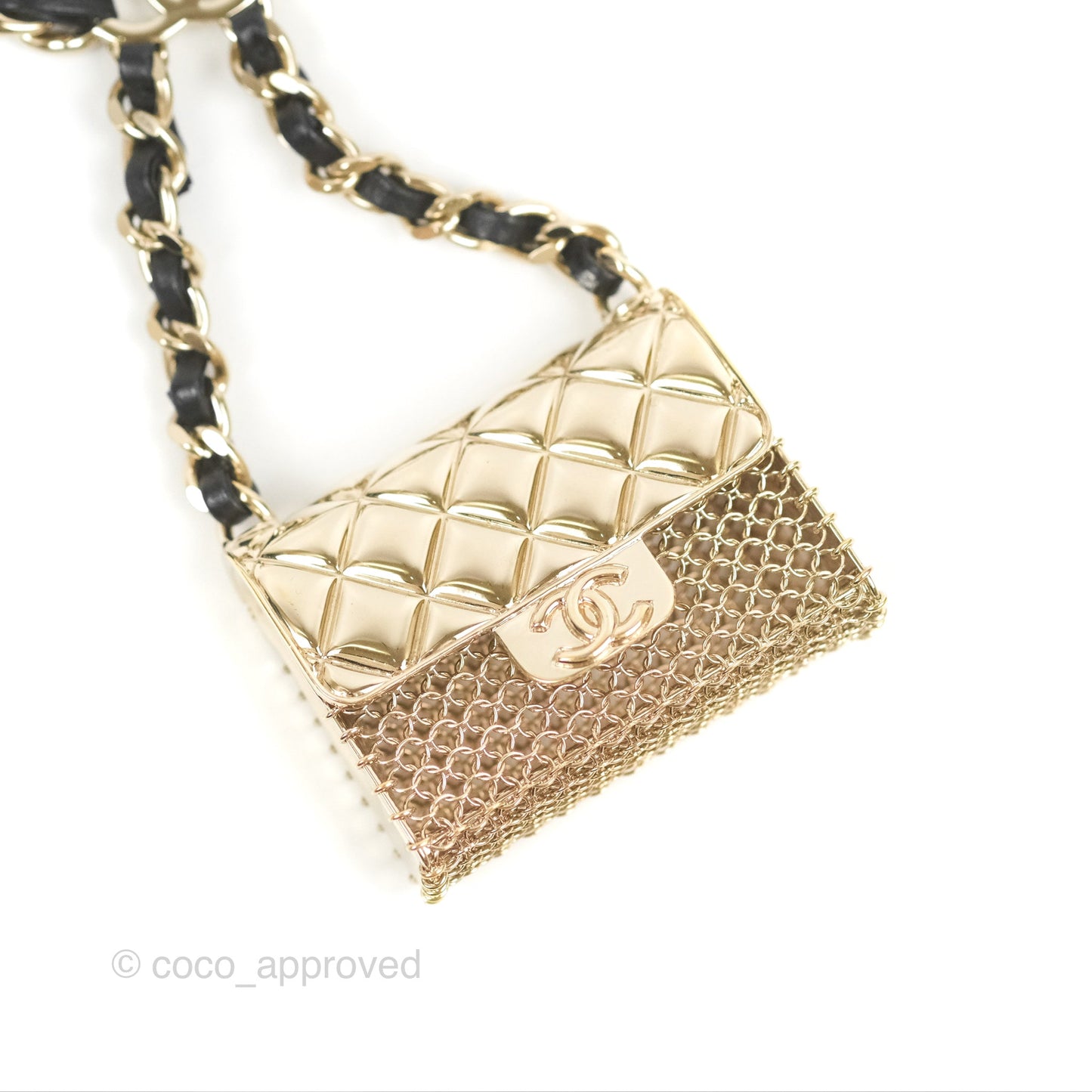 Chanel Flap Bag Charm Woven Chain Belt Black Leather Gold Tone