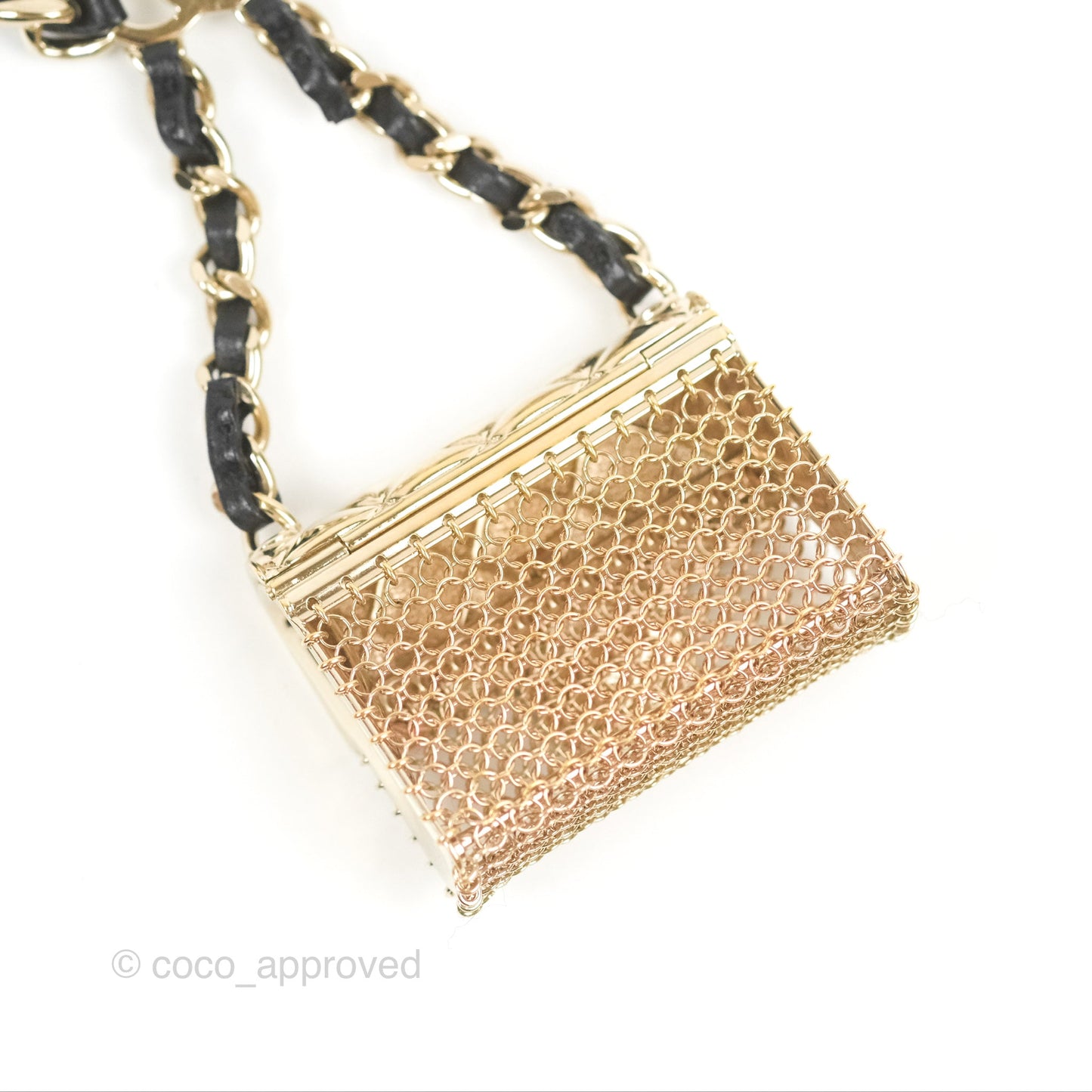 Chanel Flap Bag Charm Woven Chain Belt Black Leather Gold Tone