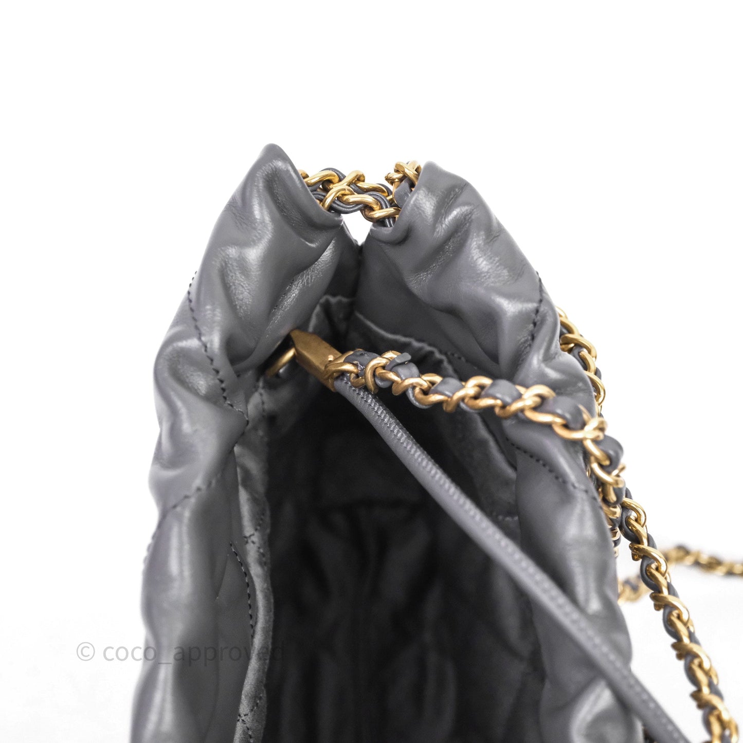 Chanel 22 Mini Bag Dark Grey Shiny Crumpled Calfskin Aged Gold Hardware