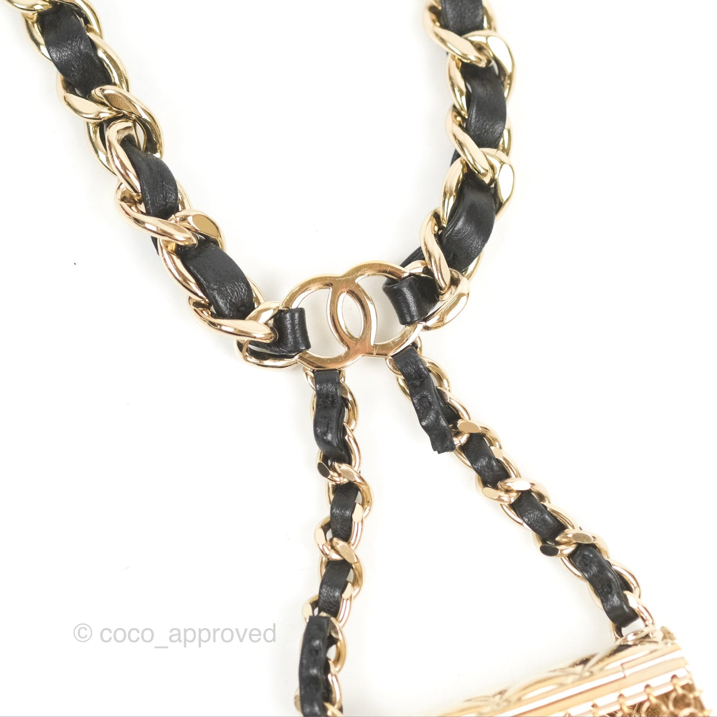 Chanel Flap Bag Charm Woven Chain Belt Black Leather Gold Tone
