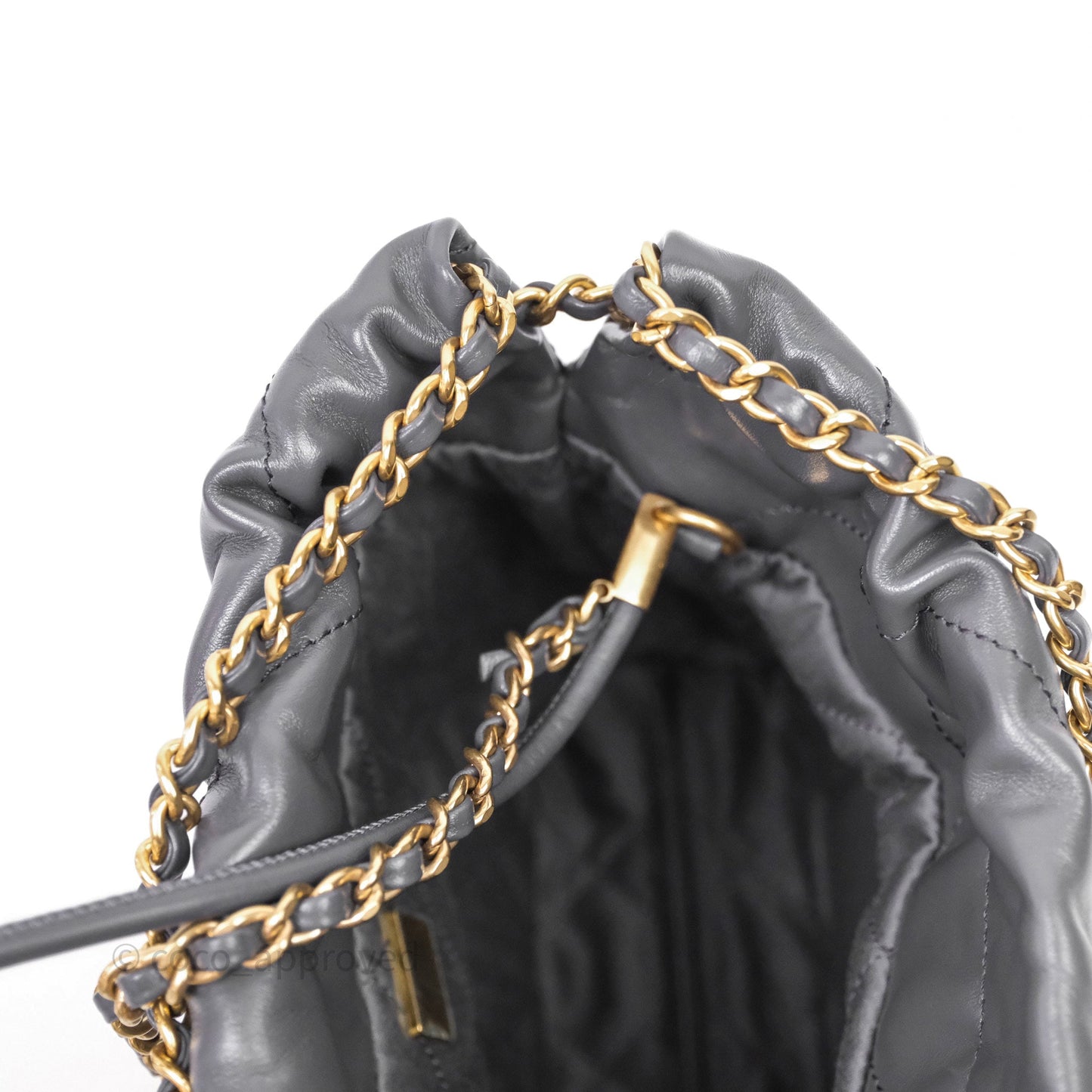 Chanel 22 Mini Bag Dark Grey Shiny Crumpled Calfskin Aged Gold Hardware