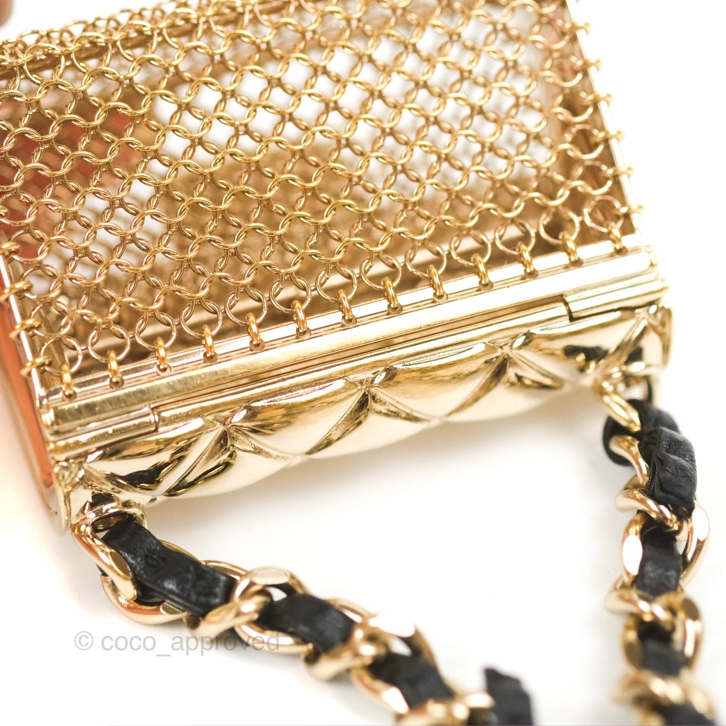 Chanel Flap Bag Charm Woven Chain Belt Black Leather Gold Tone