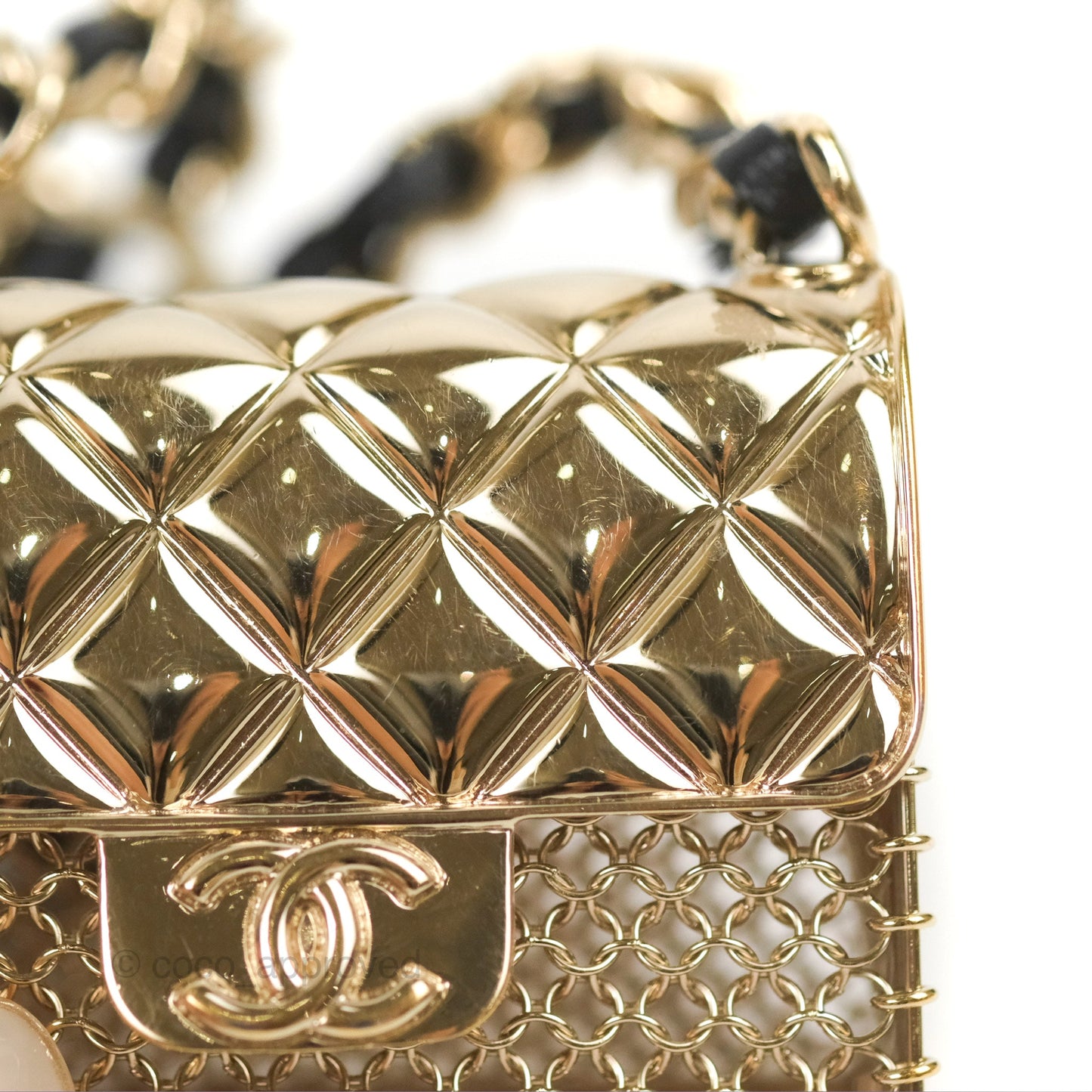 Chanel Flap Bag Charm Woven Chain Belt Black Leather Gold Tone
