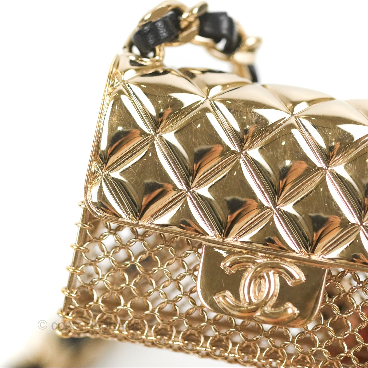 Chanel Flap Bag Charm Woven Chain Belt Black Leather Gold Tone