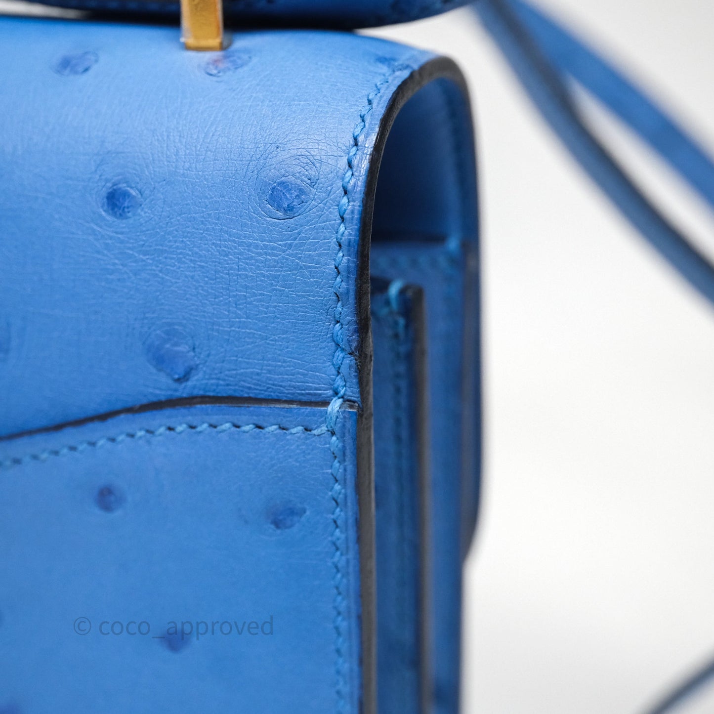 Hermes Mini Constance Ostrich Blue Bleuet O7 Gold Hardware