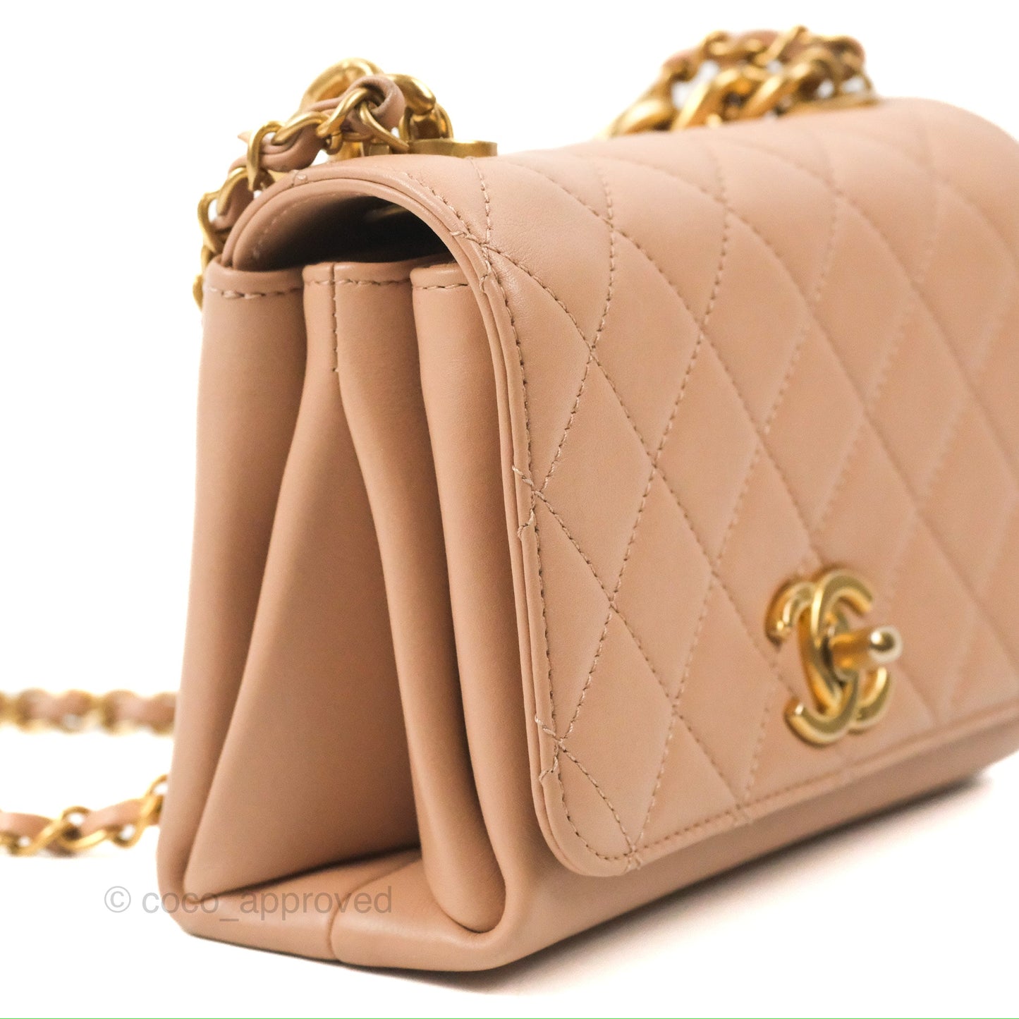 Chanel Pearl Chain Bag Nude Pink Calfskin Aged Gold Hardware
