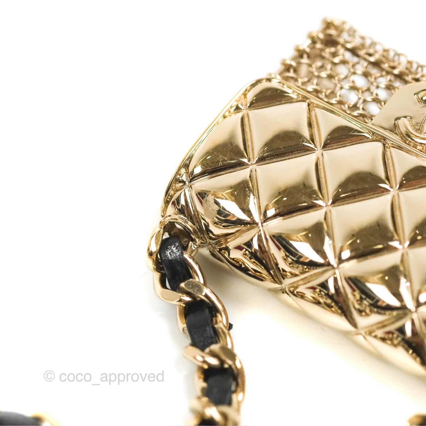 Chanel Flap Bag Charm Woven Chain Belt Black Leather Gold Tone