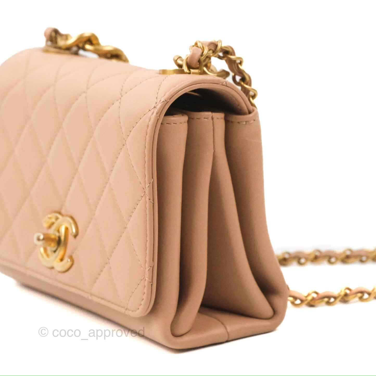 Chanel Pearl Chain Bag Nude Pink Calfskin Aged Gold Hardware
