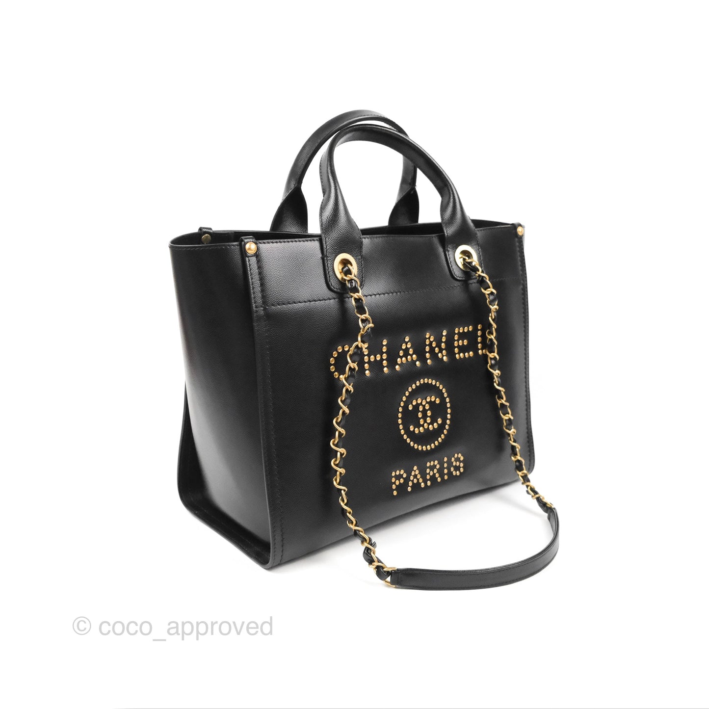 Chanel Small Studded Deauville Tote Black Caviar Gold Hardware