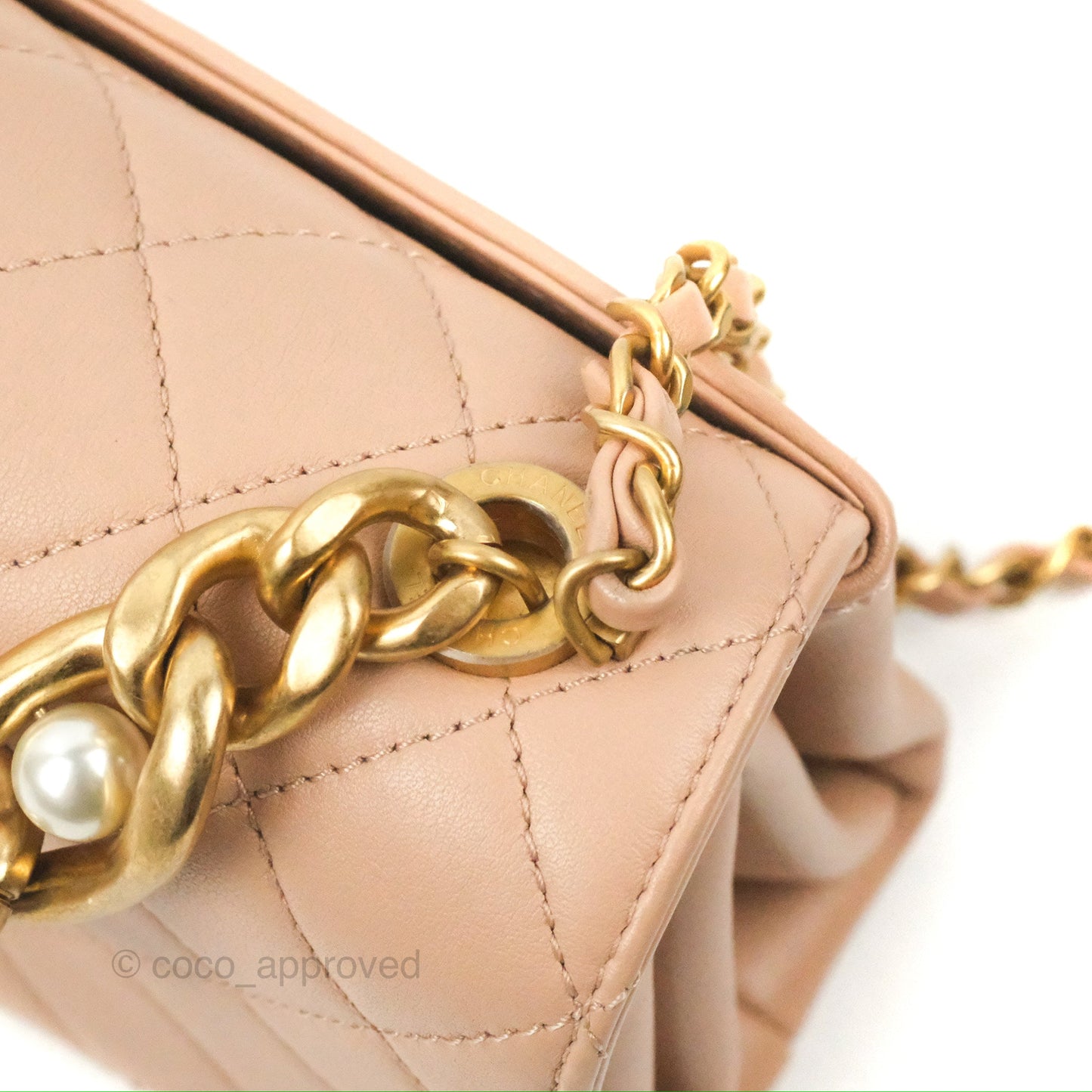 Chanel Pearl Chain Bag Nude Pink Calfskin Aged Gold Hardware