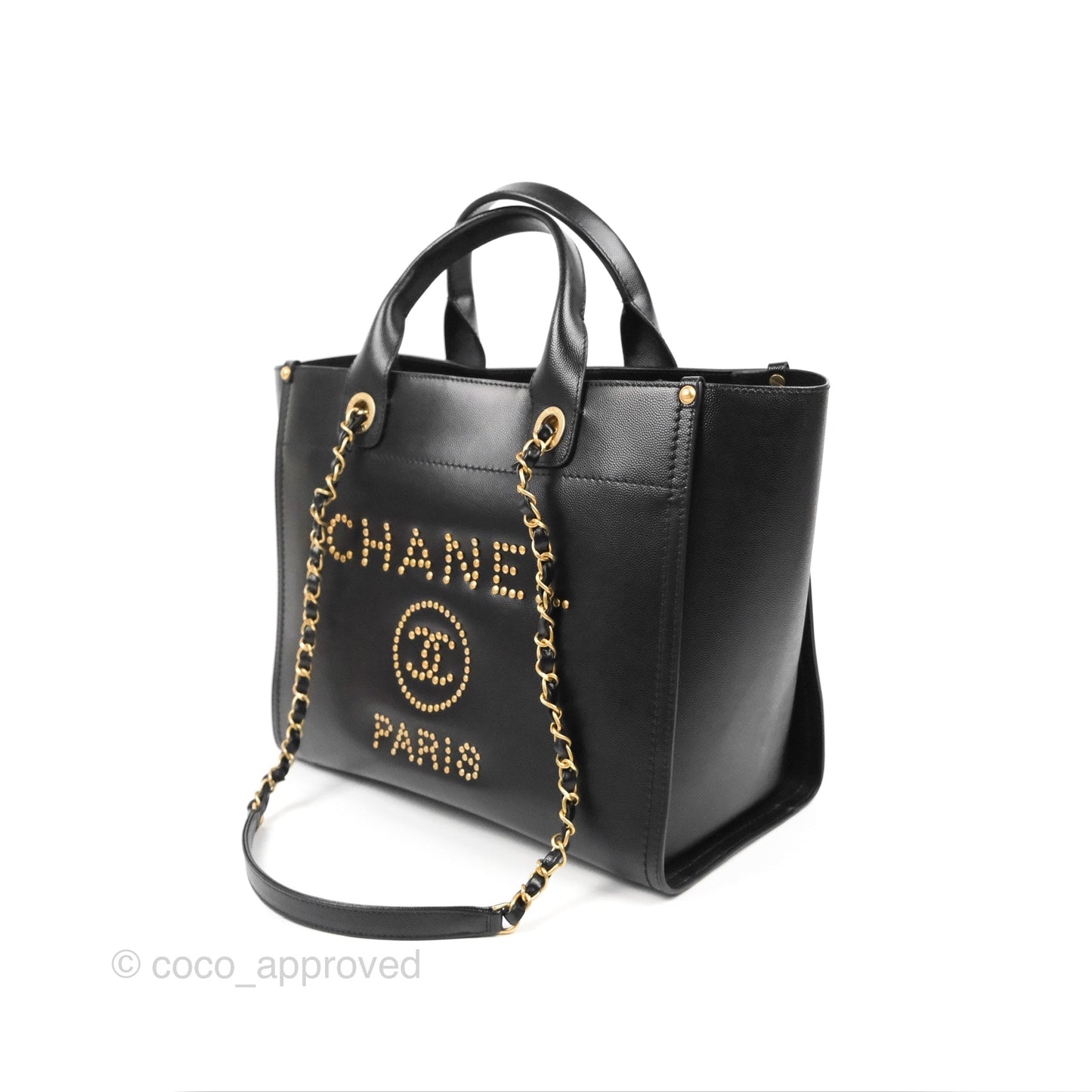 Chanel Small Studded Deauville Tote Black Caviar Gold Hardware