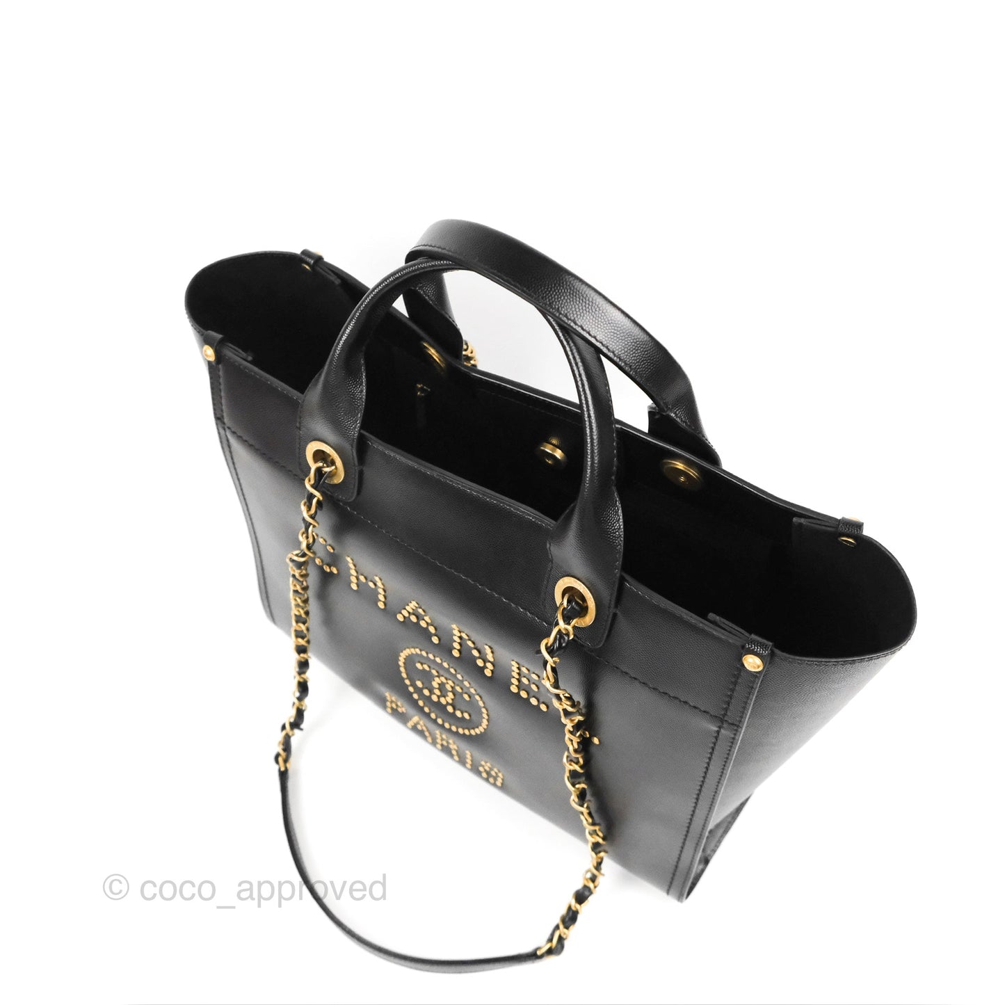 Chanel Small Studded Deauville Tote Black Caviar Gold Hardware