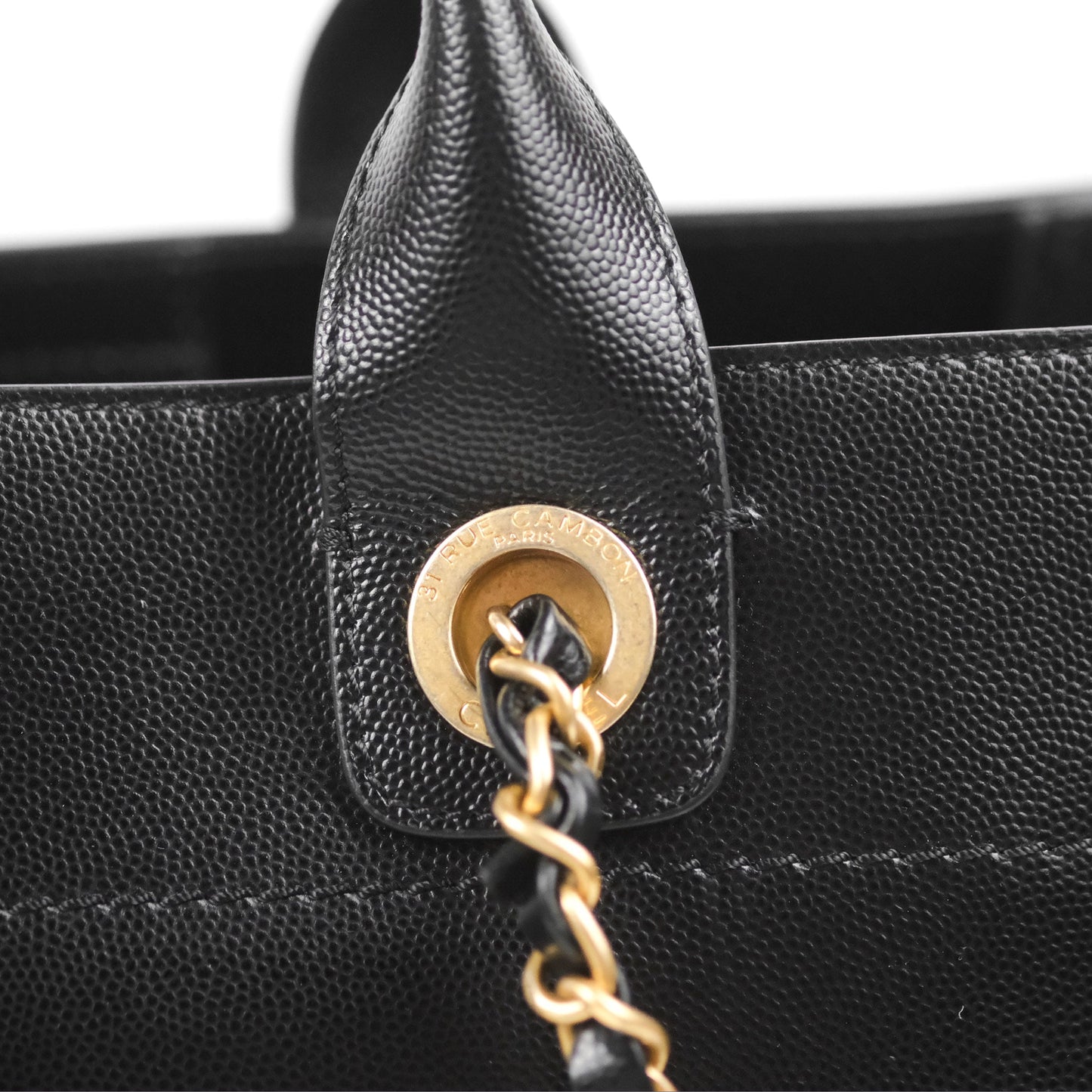 Chanel Small Studded Deauville Tote Black Caviar Gold Hardware