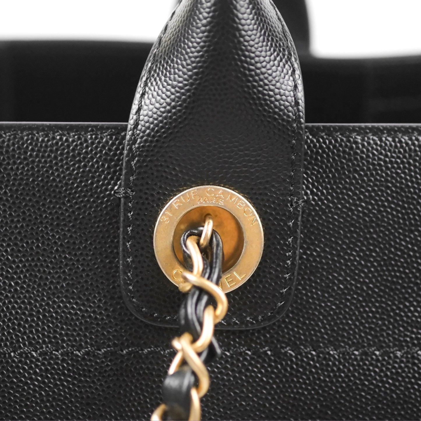 Chanel Small Studded Deauville Tote Black Caviar Gold Hardware