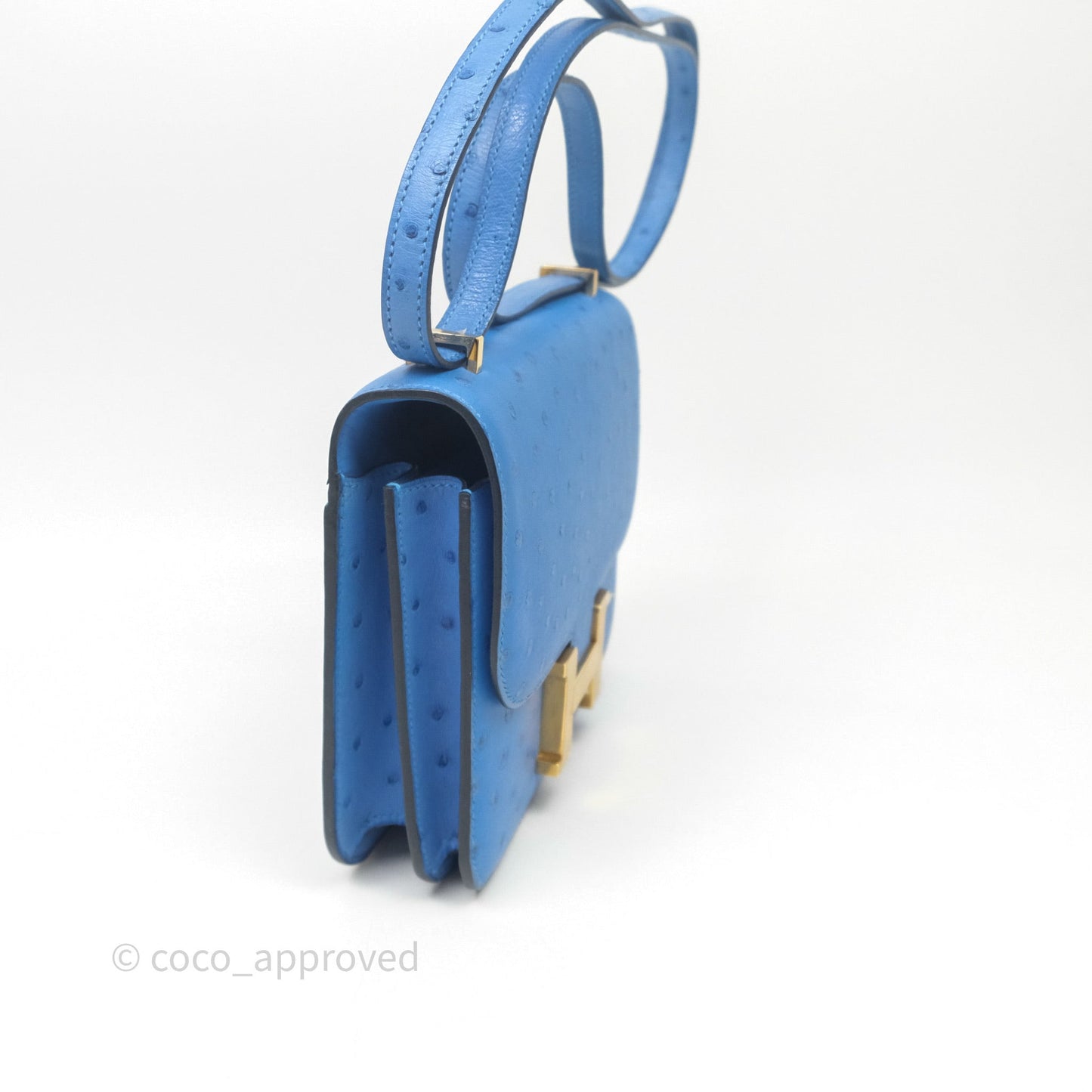 Hermes Mini Constance Ostrich Blue Bleuet O7 Gold Hardware