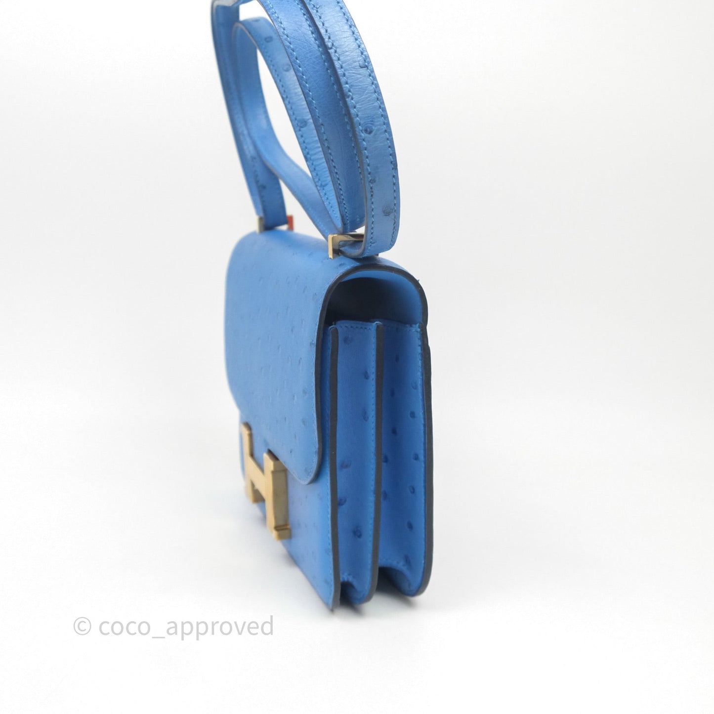 Hermes Mini Constance Ostrich Blue Bleuet O7 Gold Hardware