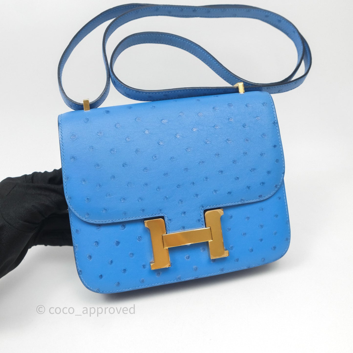 Hermes Mini Constance Ostrich Blue Bleuet O7 Gold Hardware