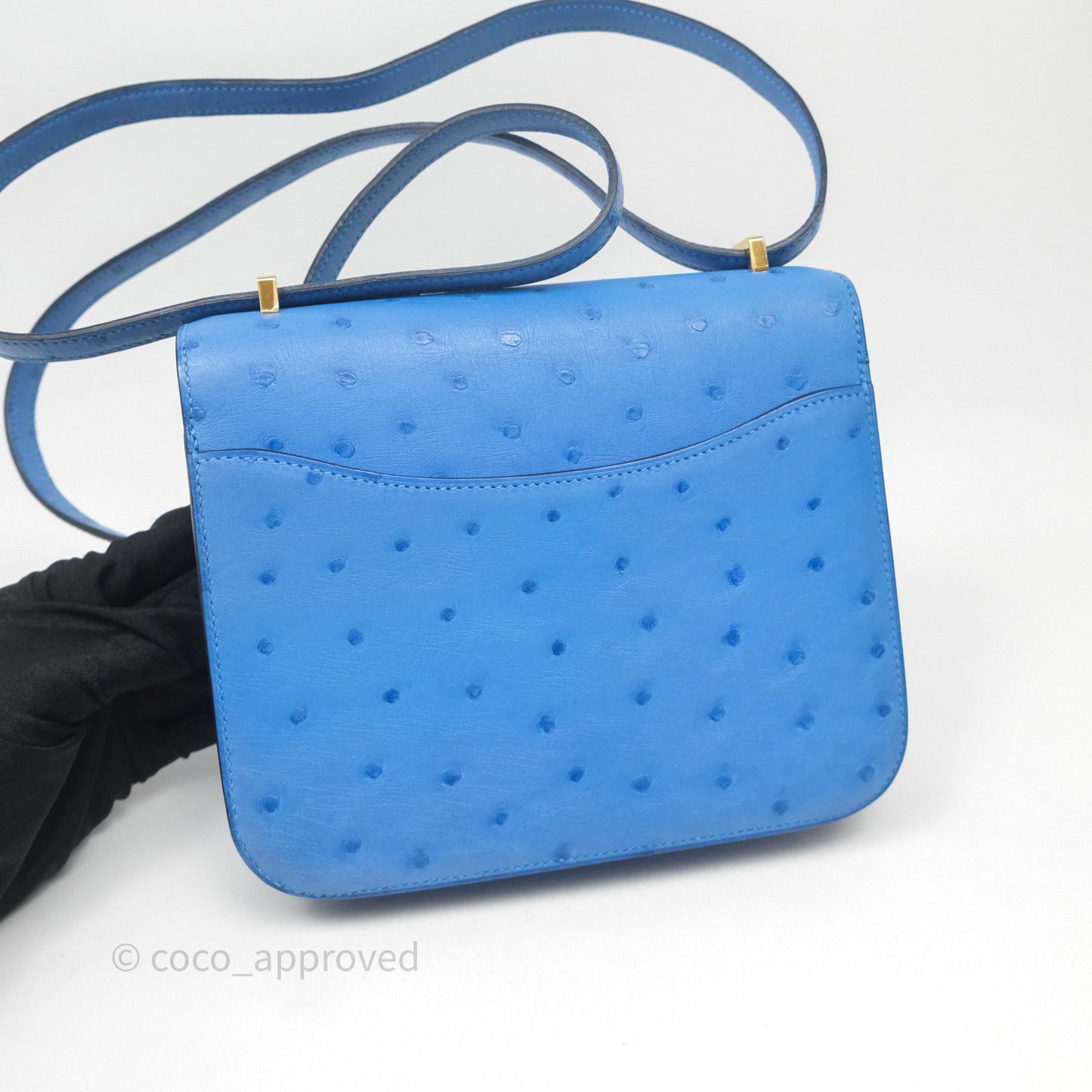 Hermes Mini Constance Ostrich Blue Bleuet O7 Gold Hardware