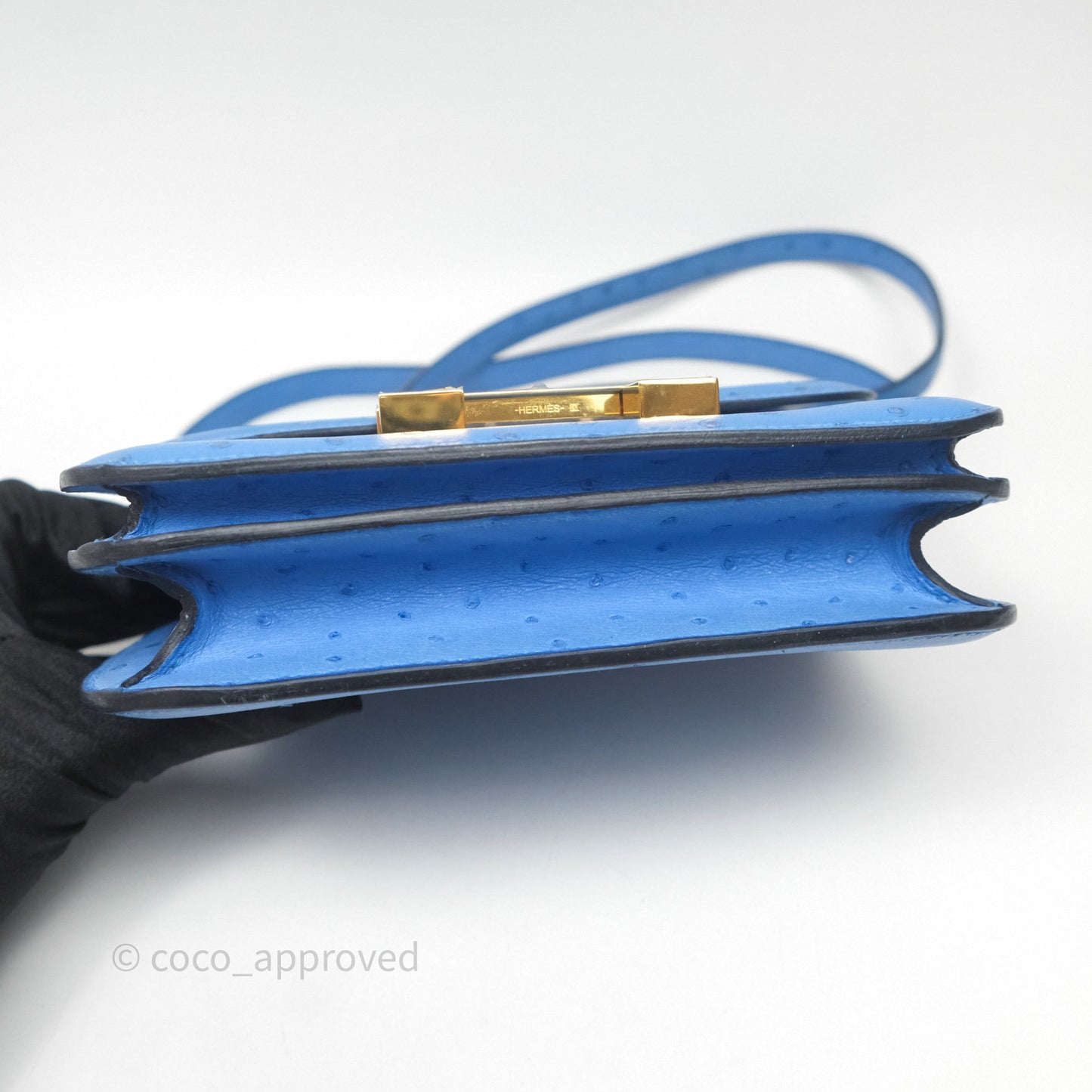 Hermes Mini Constance Ostrich Blue Bleuet O7 Gold Hardware