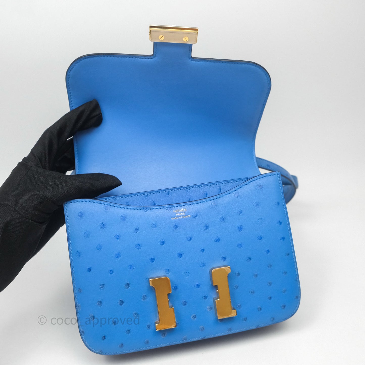 Hermes Mini Constance Ostrich Blue Bleuet O7 Gold Hardware