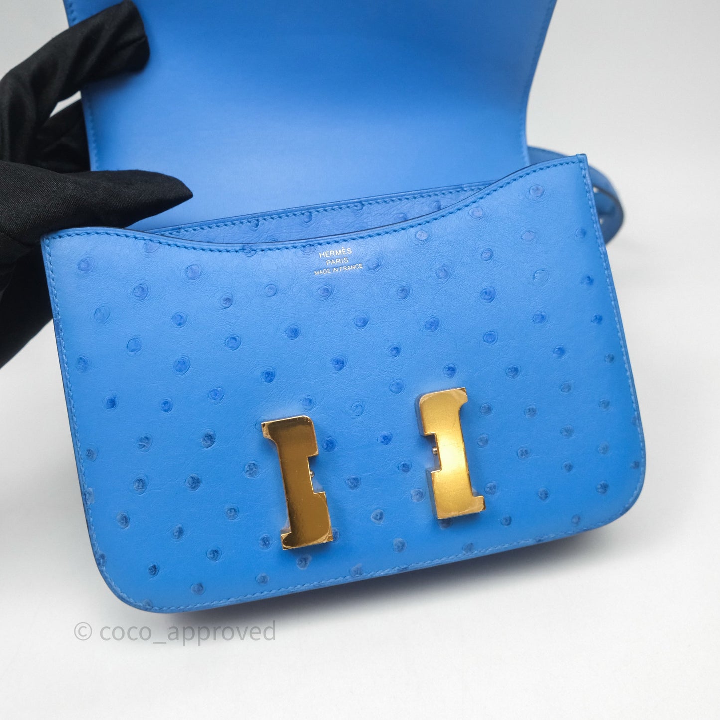 Hermes Mini Constance Ostrich Blue Bleuet O7 Gold Hardware
