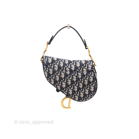 Christian Dior Mini Saddle Bag Blue Oblique Jacquard Gold Hardware