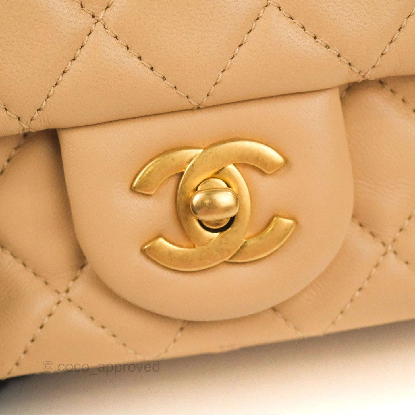 Chanel Mini Square Pearl Crush Beige Lambskin Aged Gold Hardware