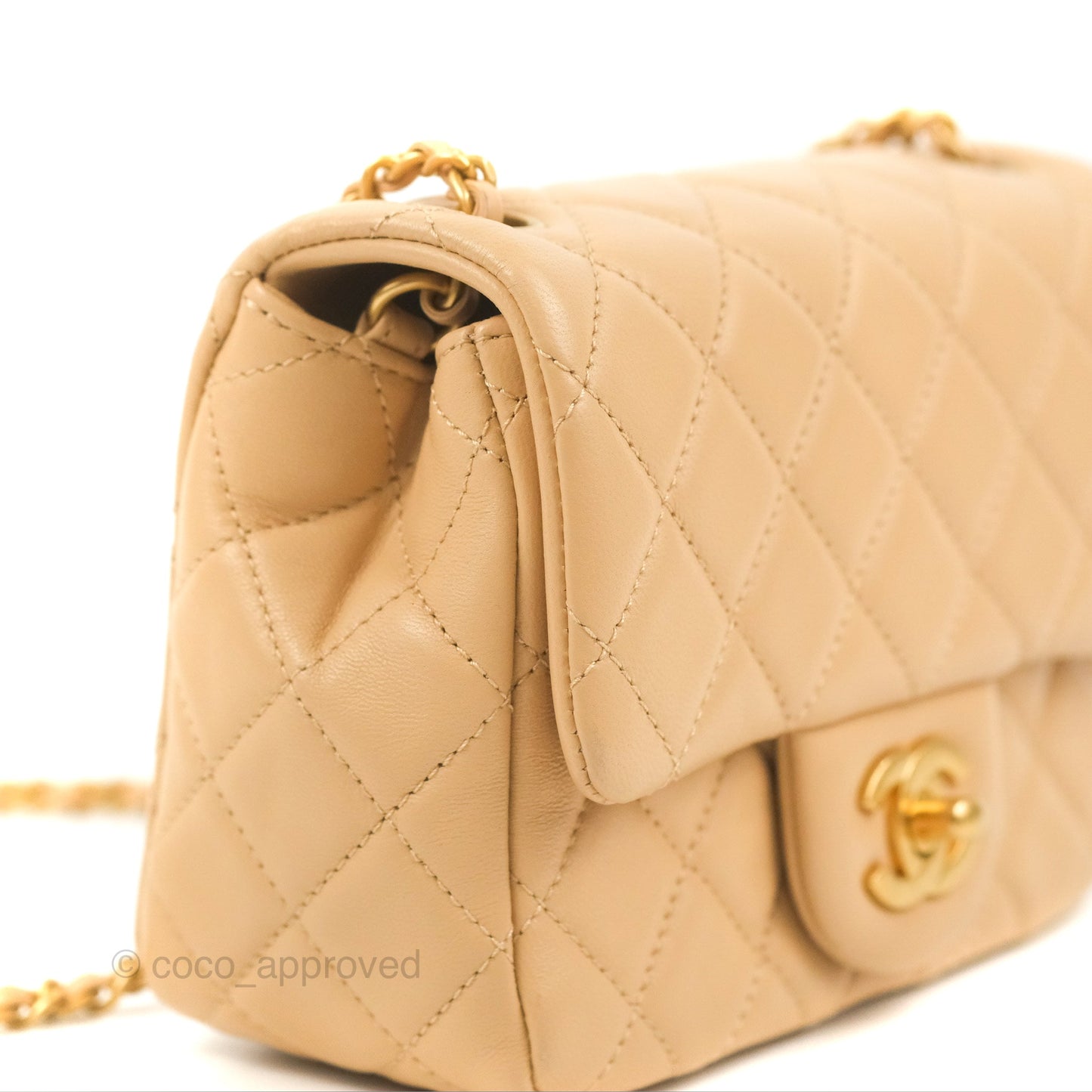 Chanel Mini Square Pearl Crush Beige Lambskin Aged Gold Hardware