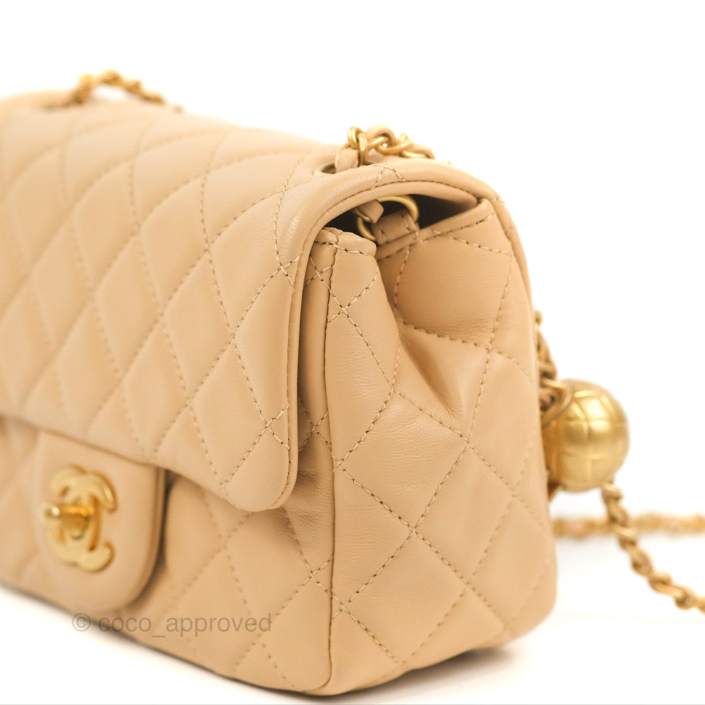 Chanel Mini Square Pearl Crush Beige Lambskin Aged Gold Hardware