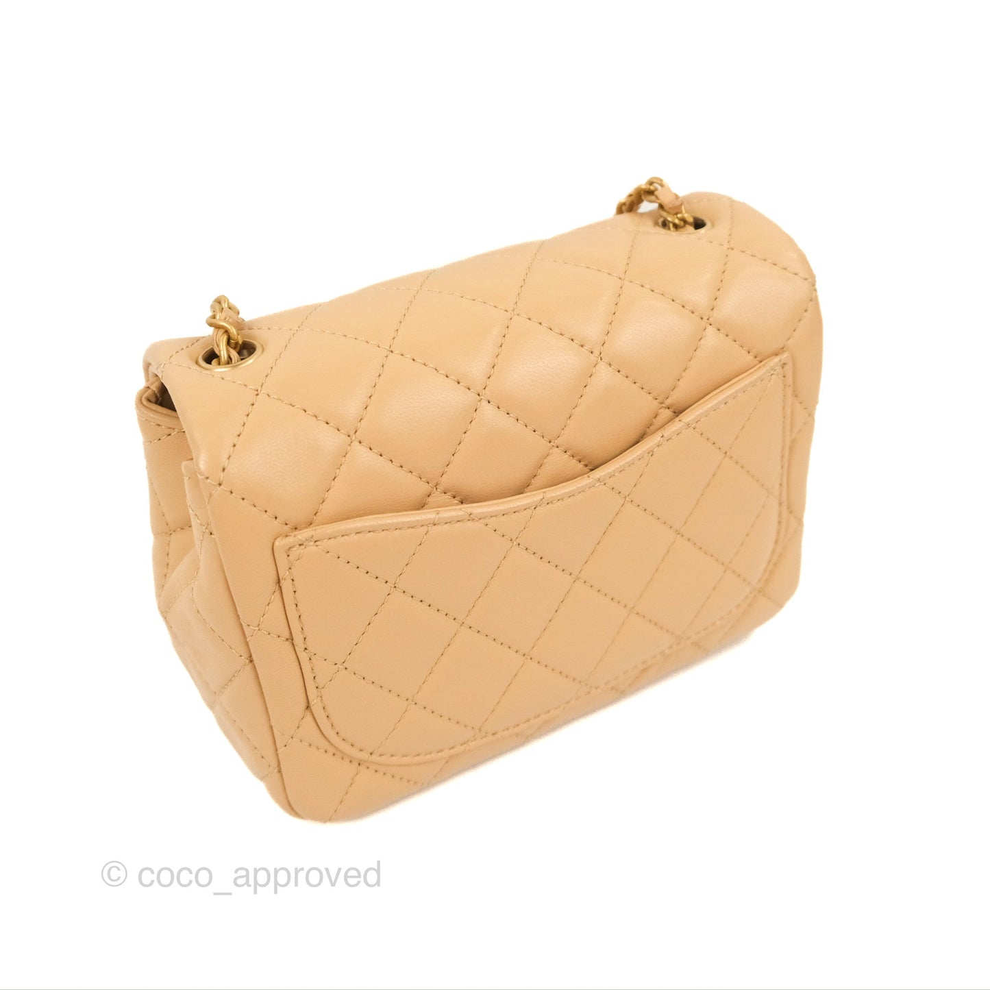 Chanel Mini Square Pearl Crush Beige Lambskin Aged Gold Hardware