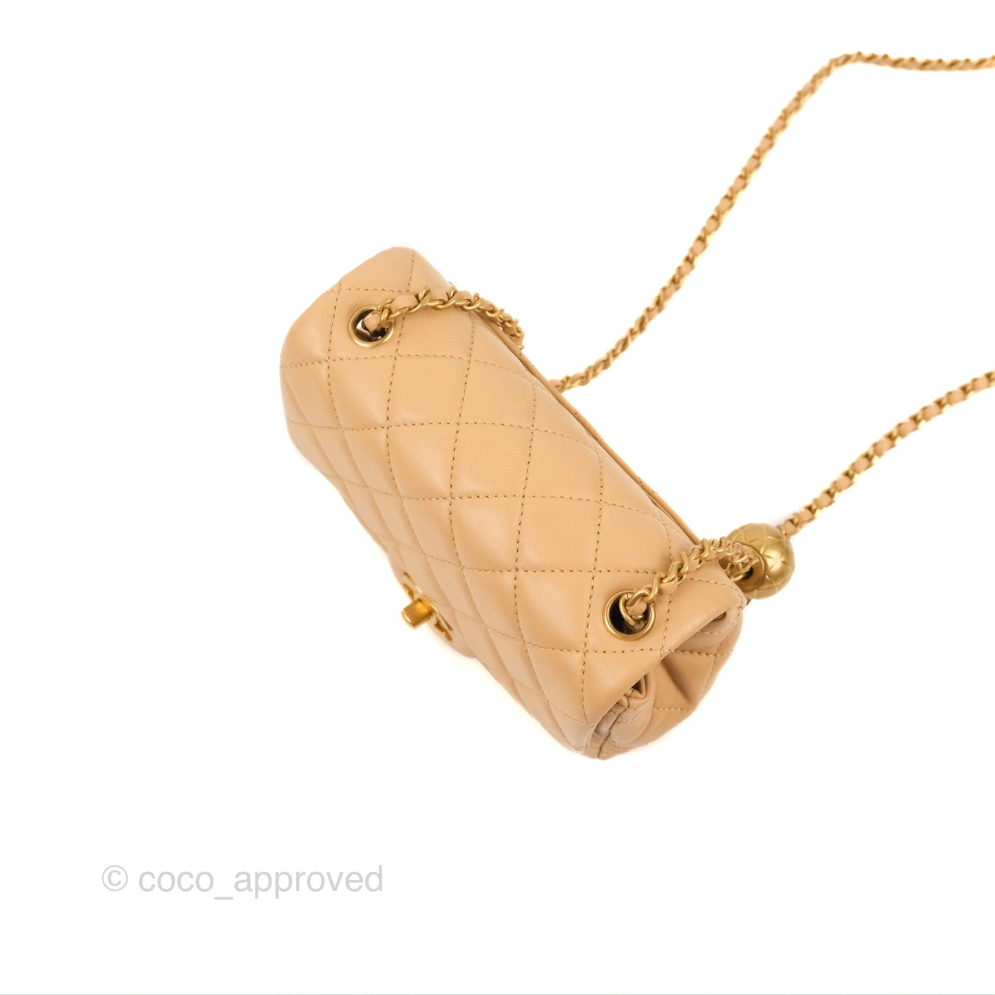 Chanel Mini Square Pearl Crush Beige Lambskin Aged Gold Hardware