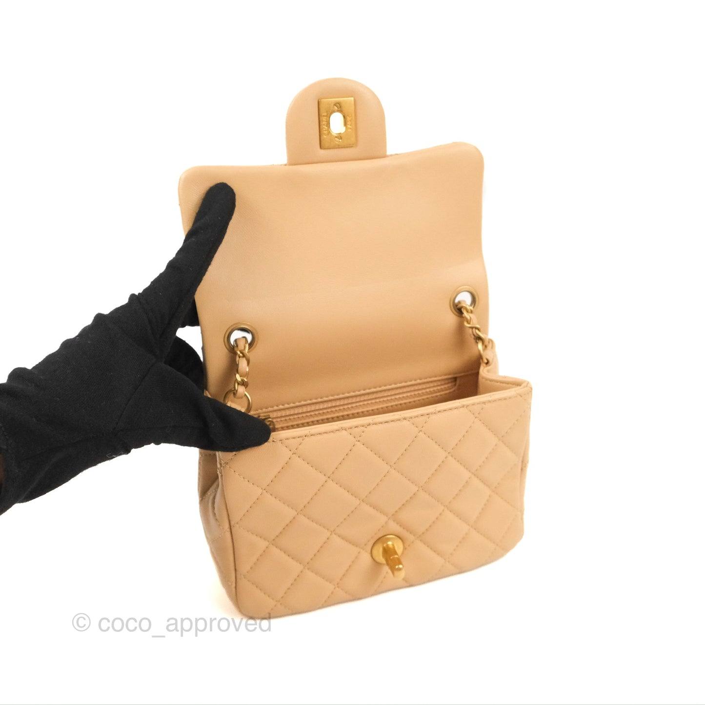 Chanel Mini Square Pearl Crush Beige Lambskin Aged Gold Hardware