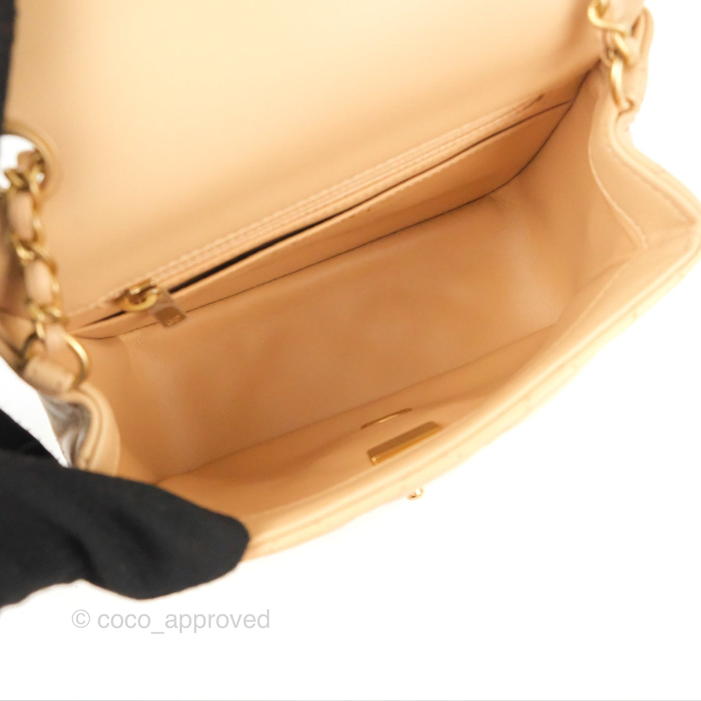 Chanel Mini Square Pearl Crush Beige Lambskin Aged Gold Hardware