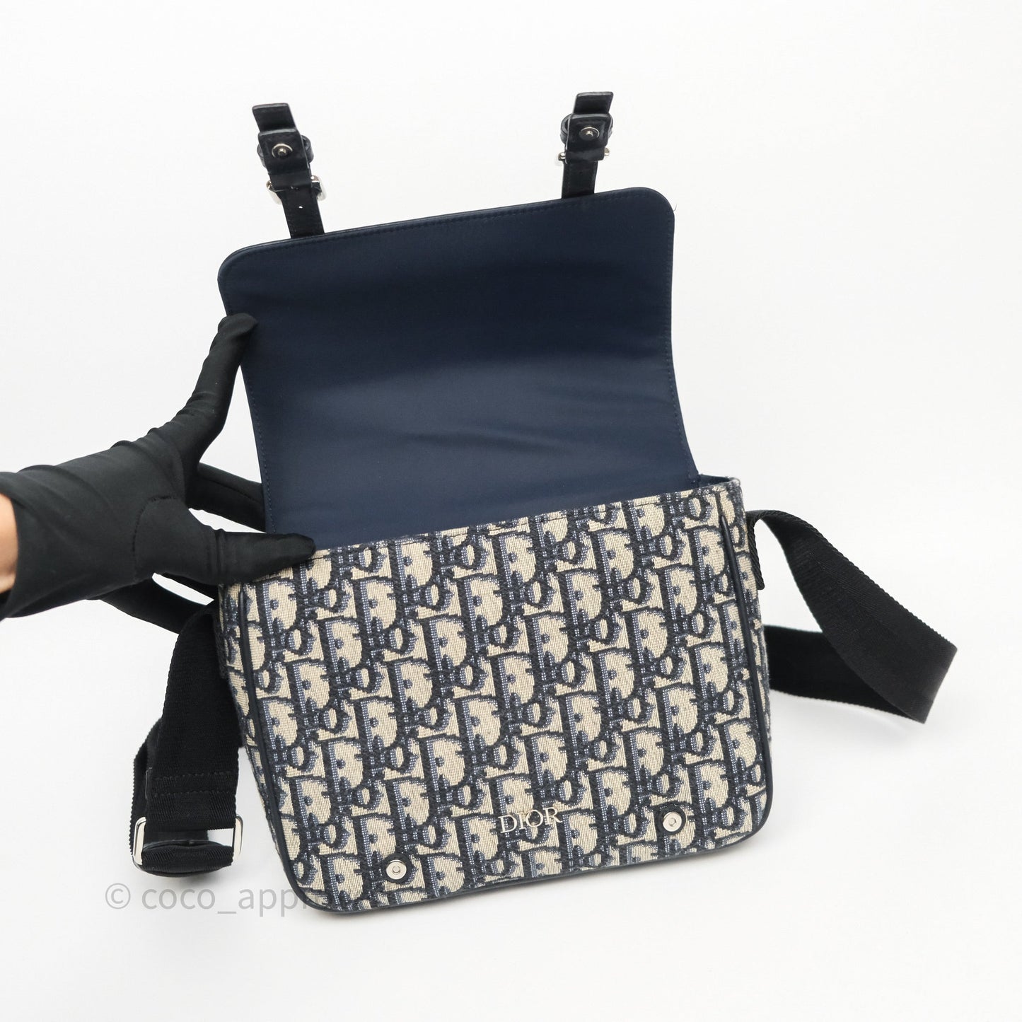 Christian Dior Messenger Bag in Blue Smooth Calfskin and Beige/ Black Dior Oblique Jacquard