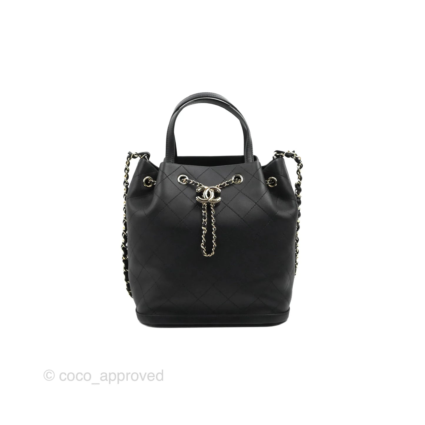 Chanel Drawstring Bucket Bag with Top Handle Black Calfskin Gold Hardware