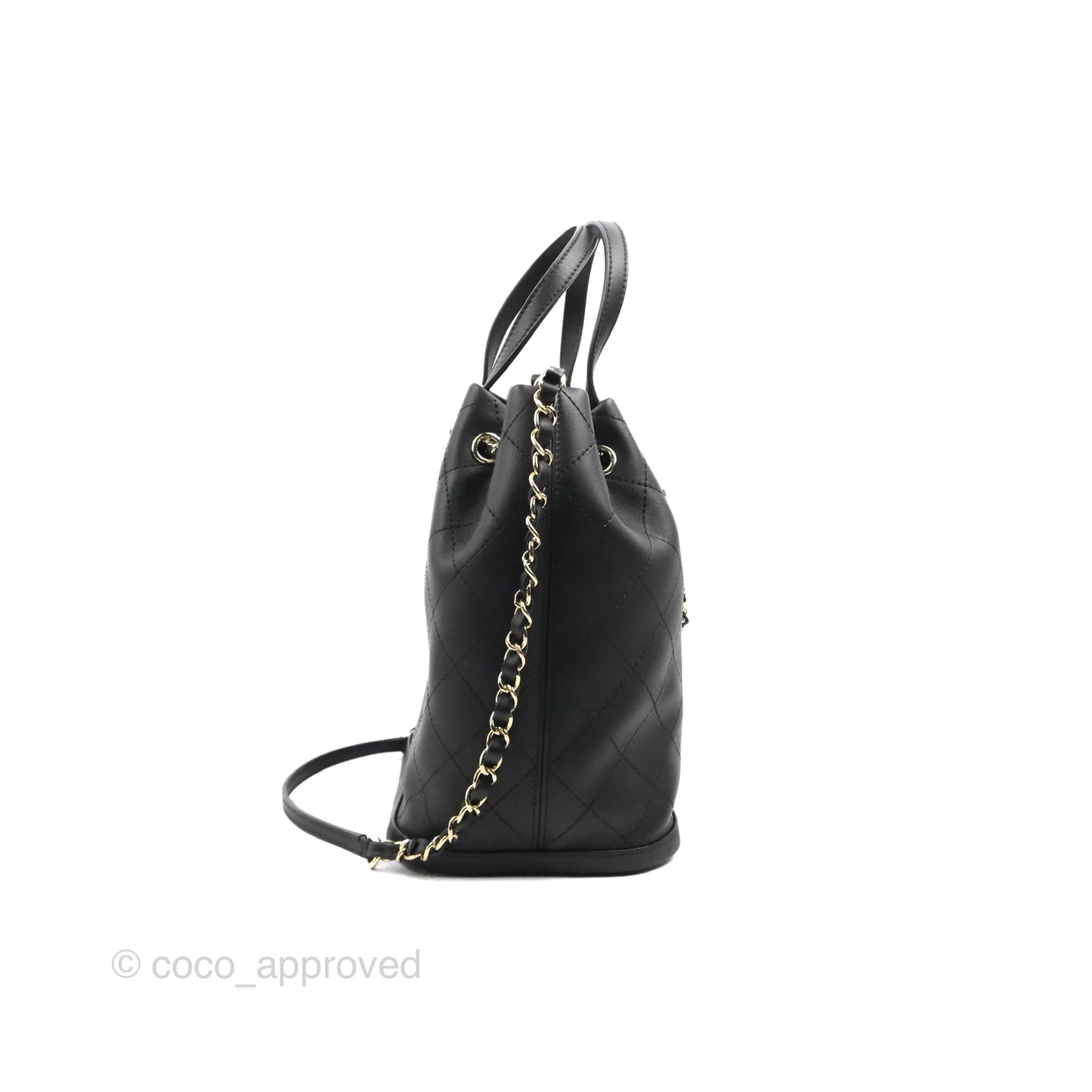 Chanel Drawstring Bucket Bag with Top Handle Black Calfskin Gold Hardware