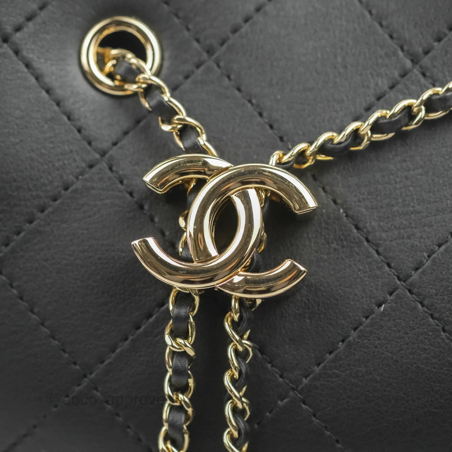 Chanel Drawstring Bucket Bag with Top Handle Black Calfskin Gold Hardware