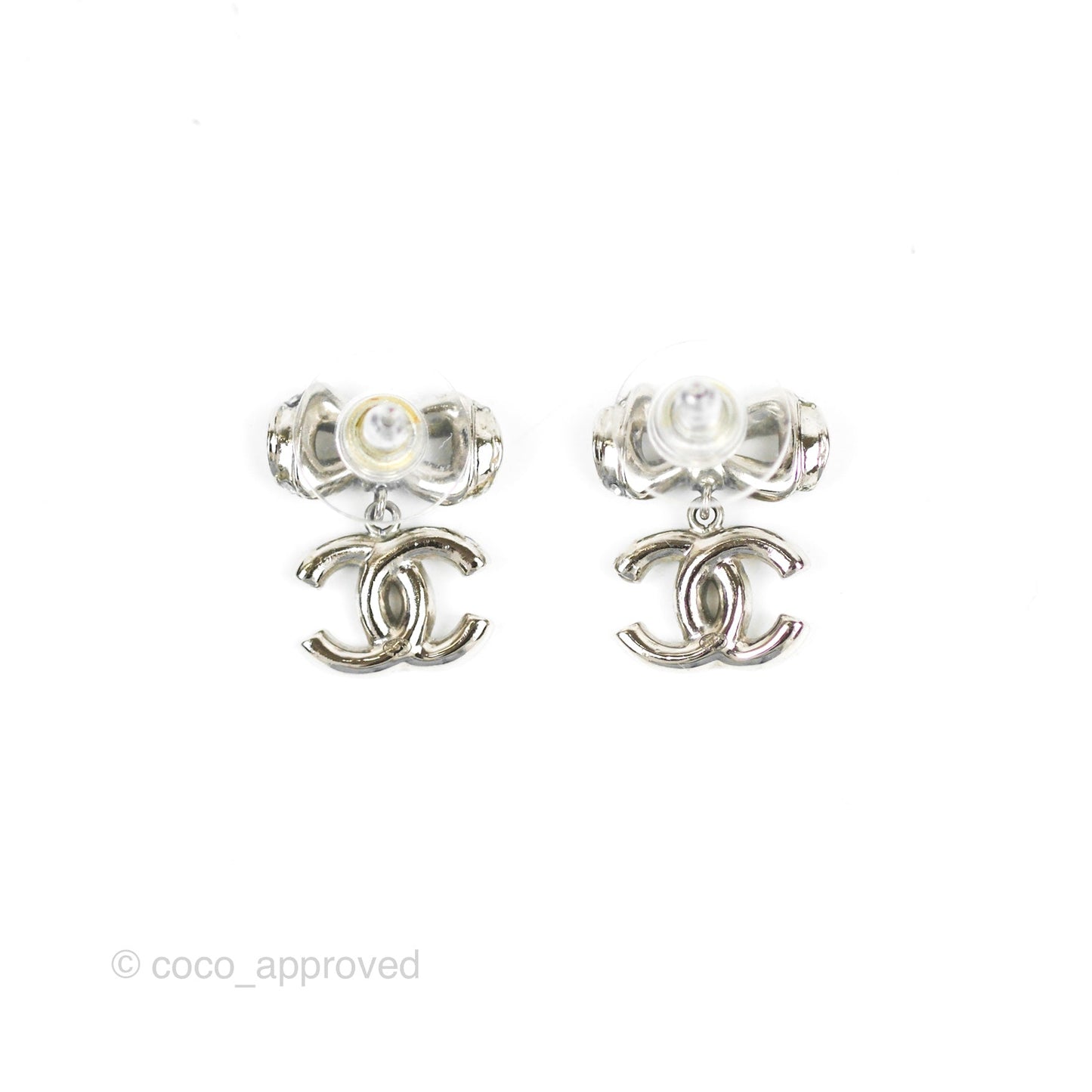 Chanel Crystal CC Bow Knot Earrings Silver Tone 19V