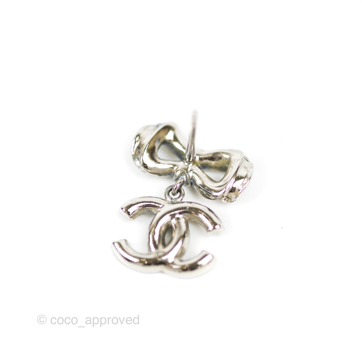 Chanel Crystal CC Bow Knot Earrings Silver Tone 19V