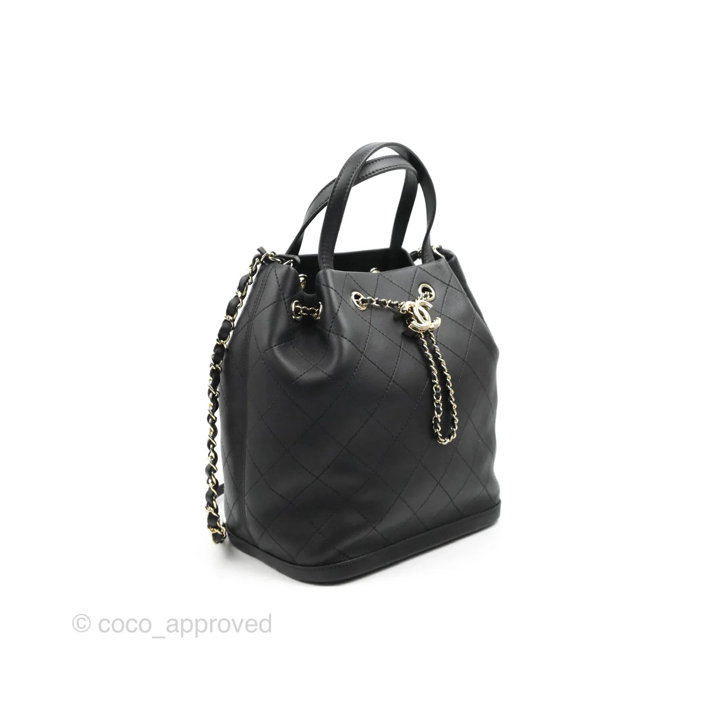 Chanel Drawstring Bucket Bag with Top Handle Black Calfskin Gold Hardware
