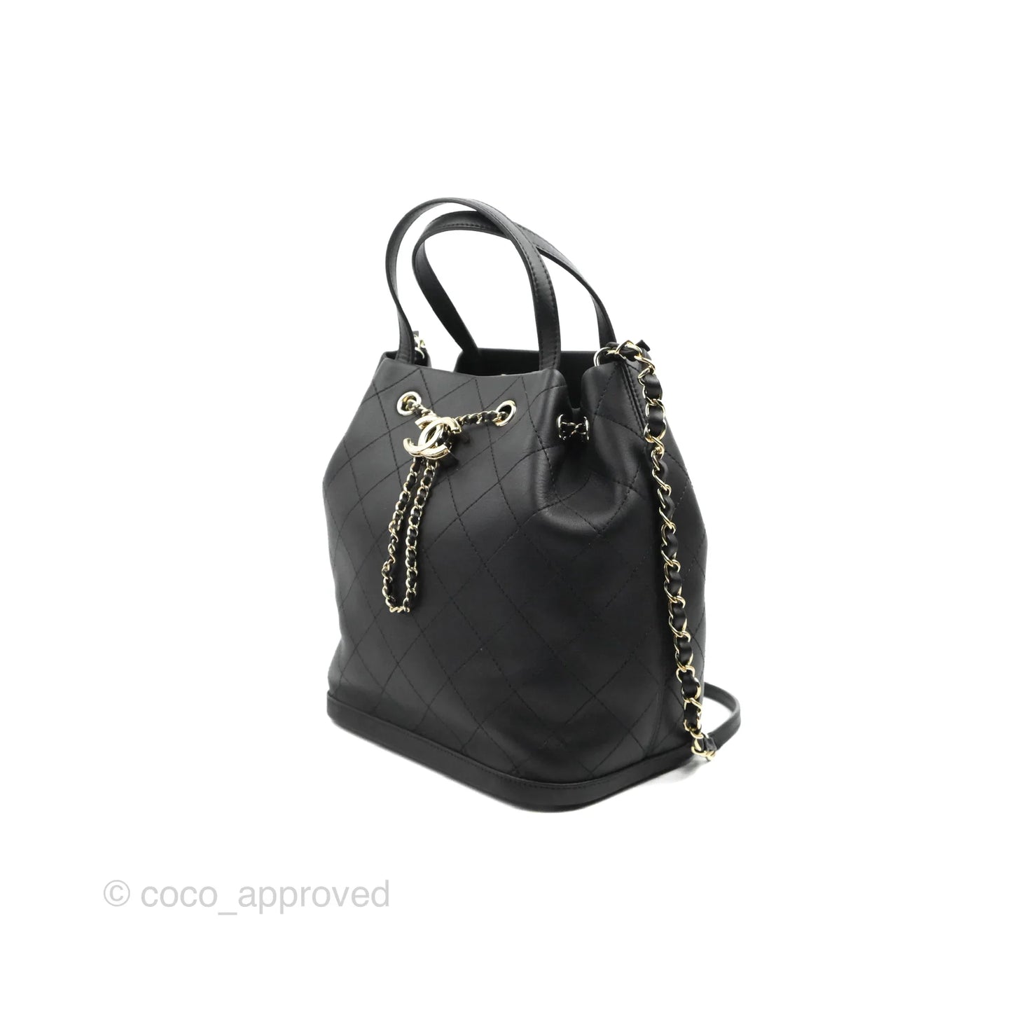 Chanel Drawstring Bucket Bag with Top Handle Black Calfskin Gold Hardware