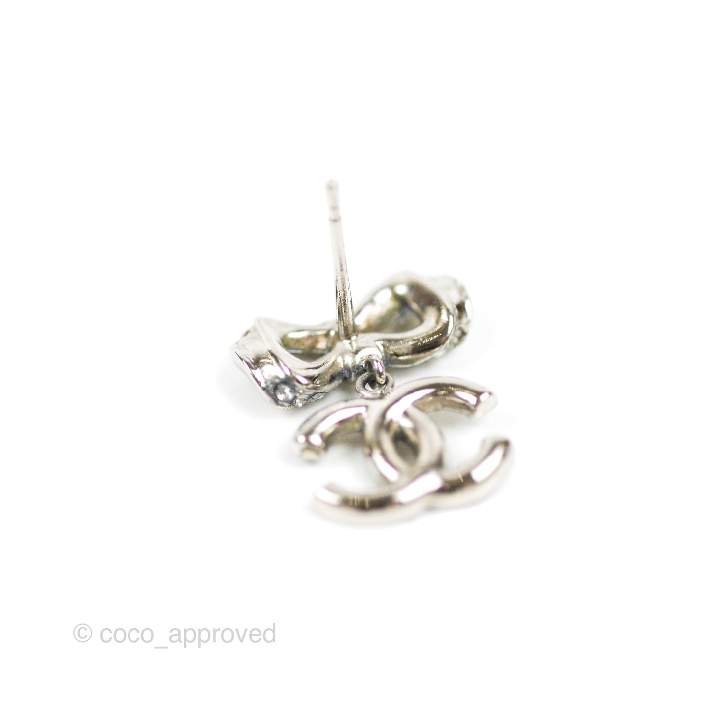 Chanel Crystal CC Bow Knot Earrings Silver Tone 19V