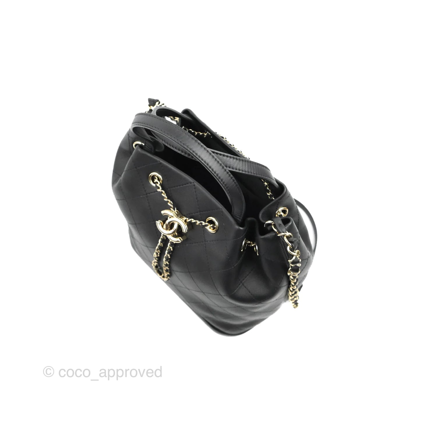 Chanel Drawstring Bucket Bag with Top Handle Black Calfskin Gold Hardware