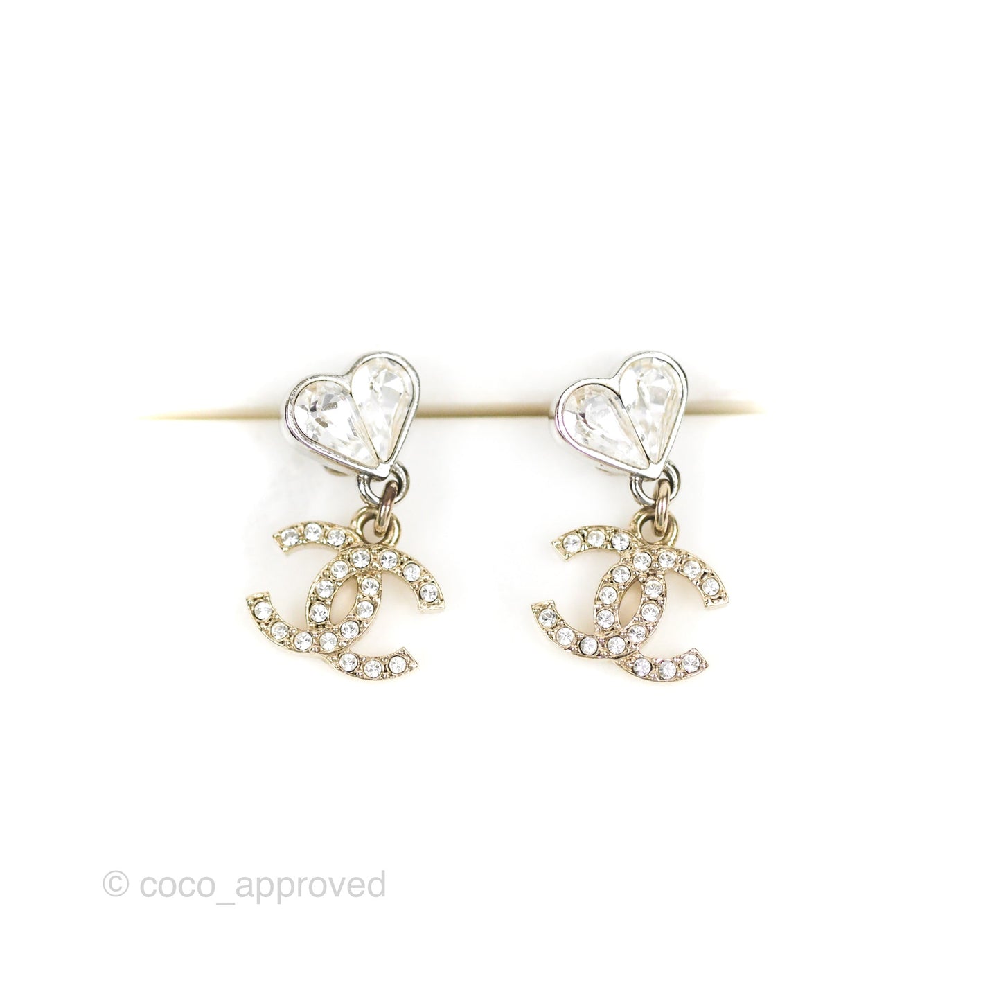 Chanel Heart Crystal CC Drop Earrings Silver Tone 23S
