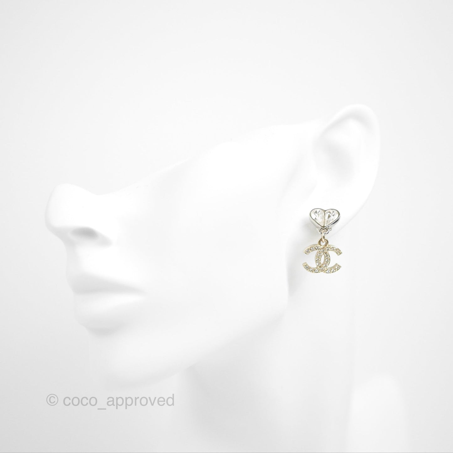 Chanel Heart Crystal CC Drop Earrings Silver Tone 23S