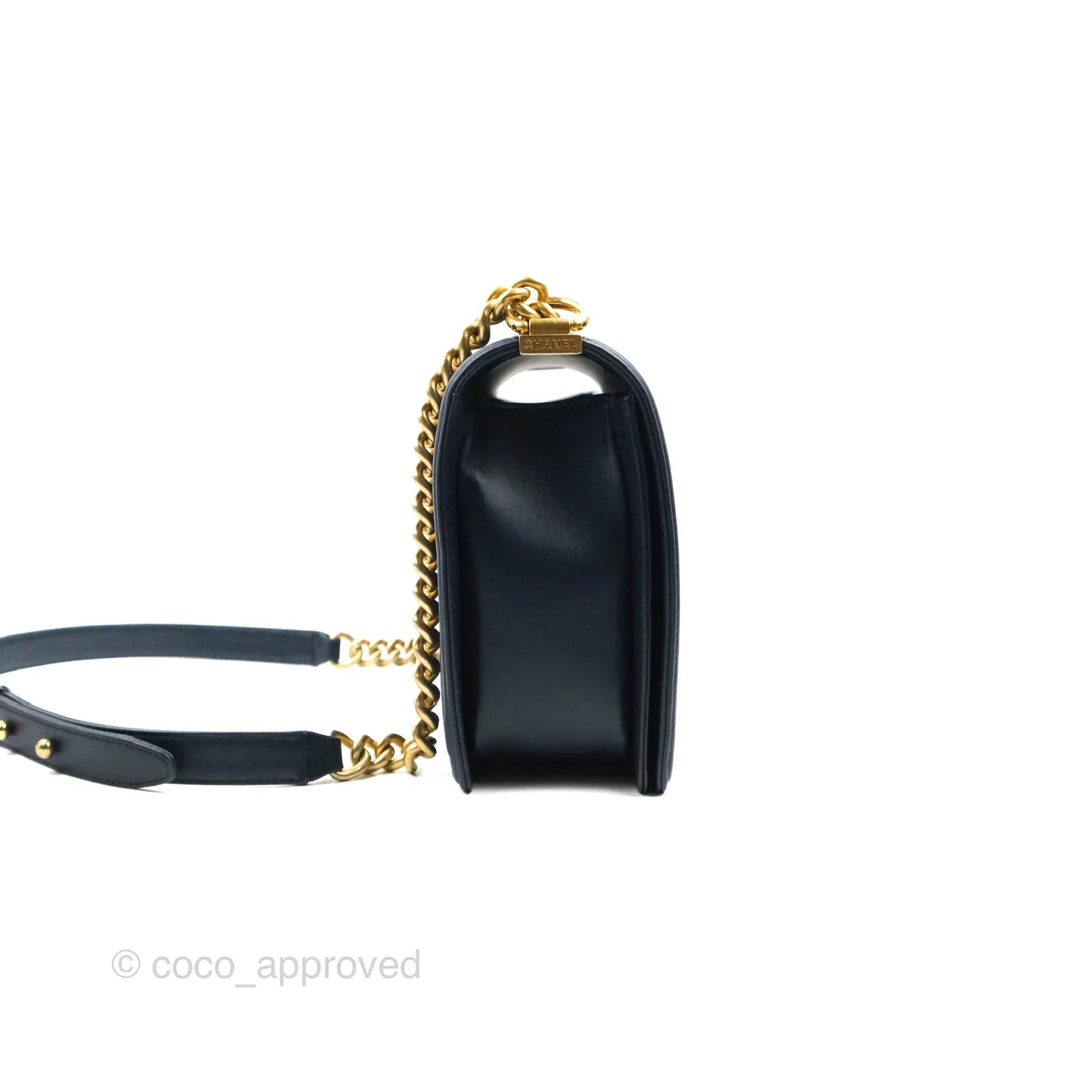 Chanel Quilted New Medium Boy Navy Lambskin Aged Gold Hardware
