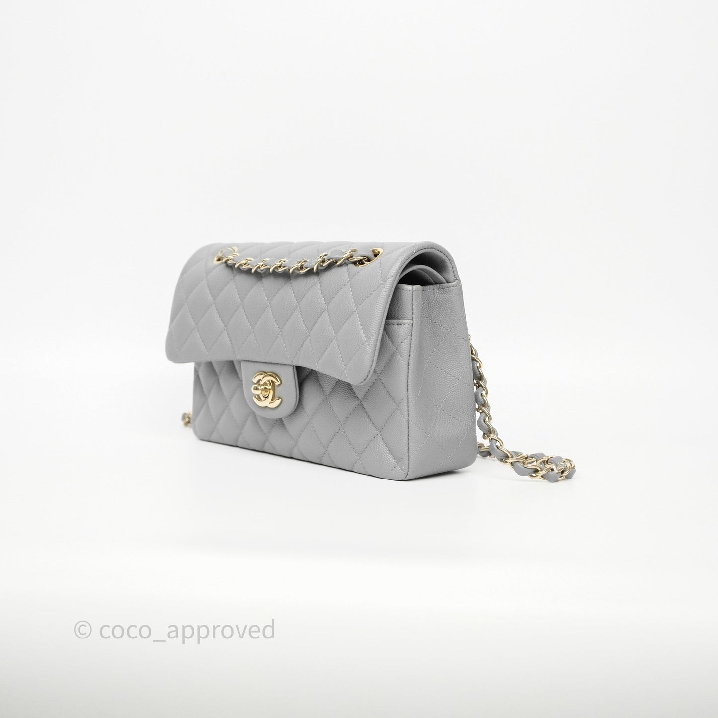 Chanel Small Classic Flap Quilted Grey Caviar Gold Hardware