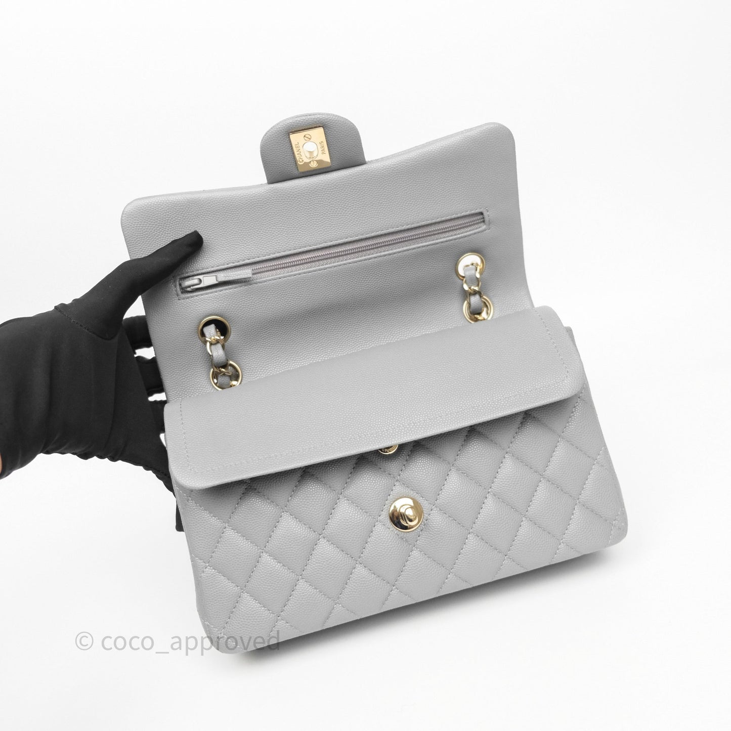 Chanel Small Classic Flap Quilted Grey Caviar Gold Hardware