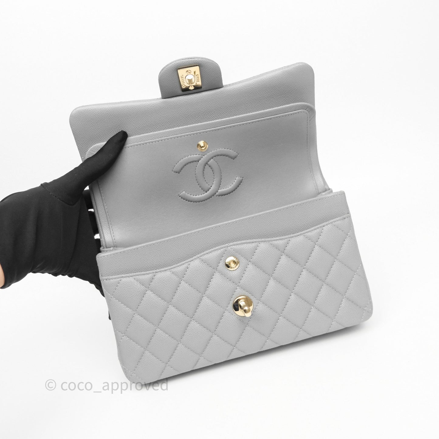 Chanel Small Classic Flap Quilted Grey Caviar Gold Hardware