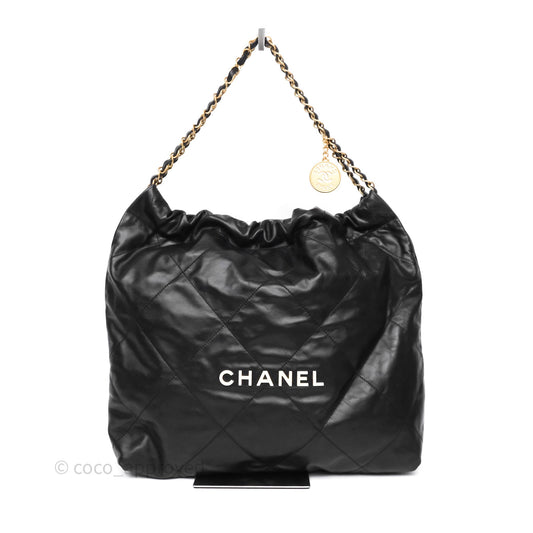 Chanel 22 Medium Black Crumpled Calfskin Aged Gold Hardware